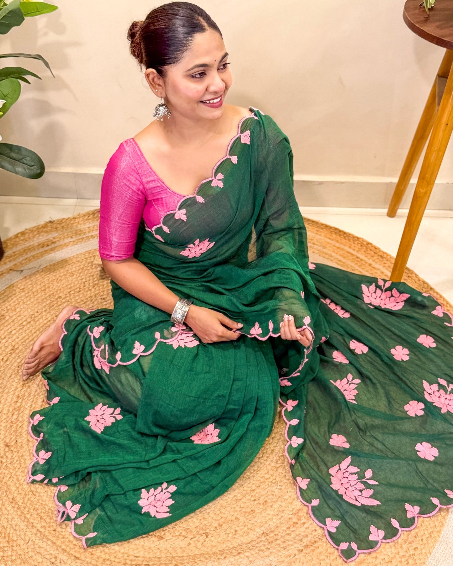 Meher Gul | Green Pink Hand Embroidered Mulmul Cotton Saree