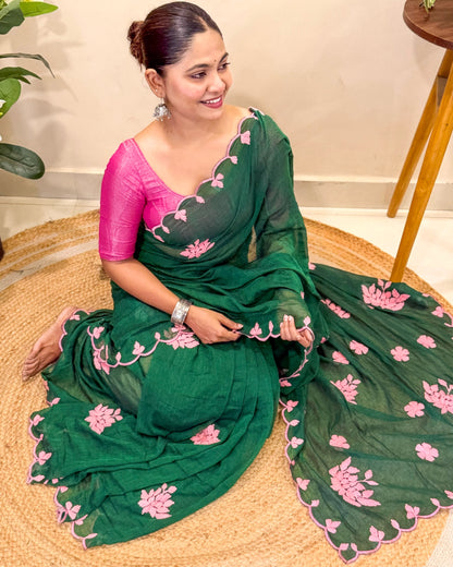 Meher Gul | Green Pink Hand Embroidered Mulmul Cotton Saree