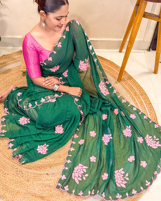 Meher Gul | Green Pink Embroidered Mulmul Cotton Saree