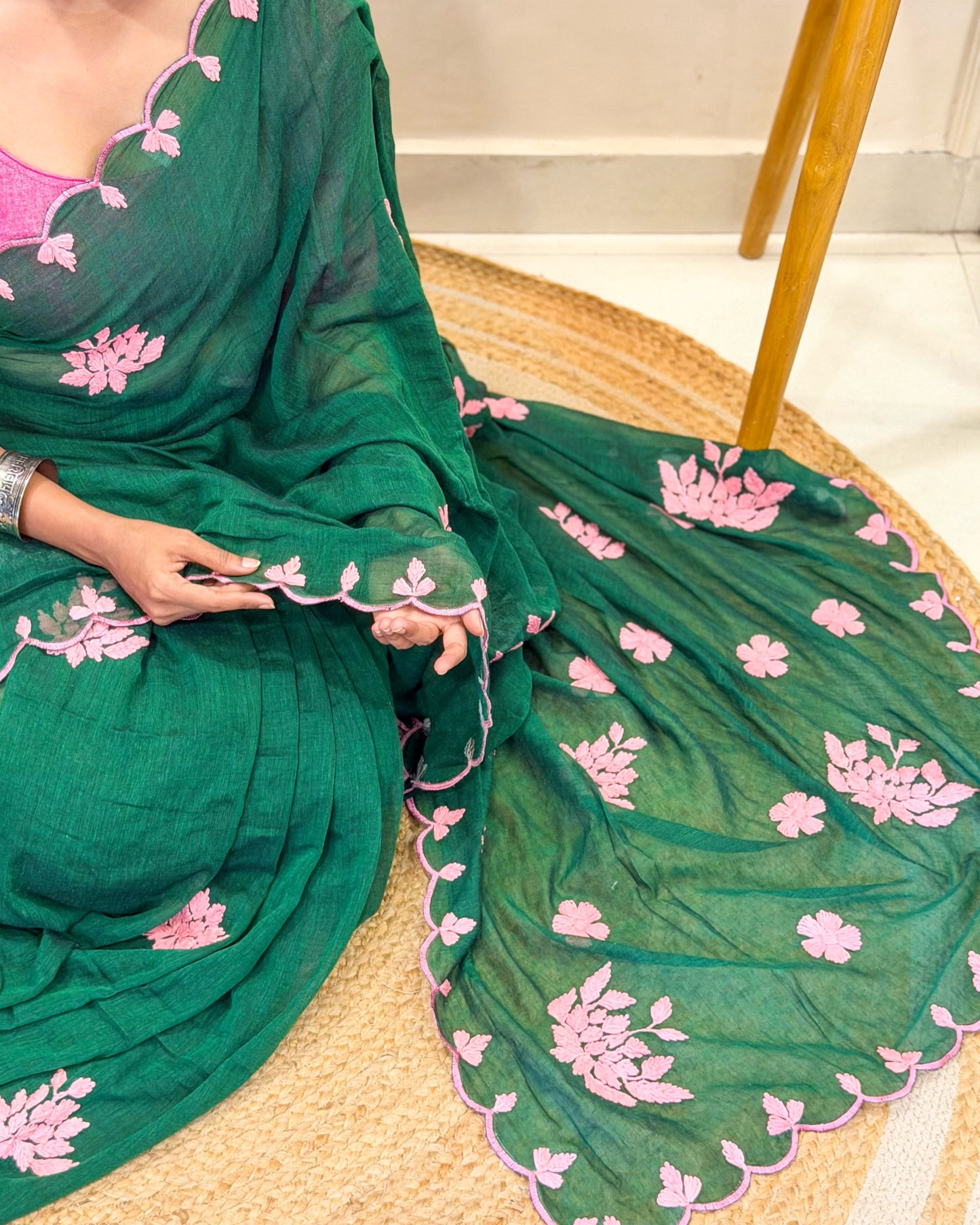 Meher Gul | Green Pink Hand Embroidered Mulmul Cotton Saree