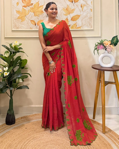 Rust Rooh (Rust Orange Hand Embroidered Mulmul Saree)