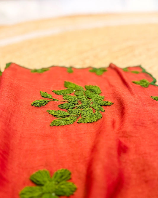 Rust Rooh (Rust Orange Hand Embroidered Mulmul Saree)
