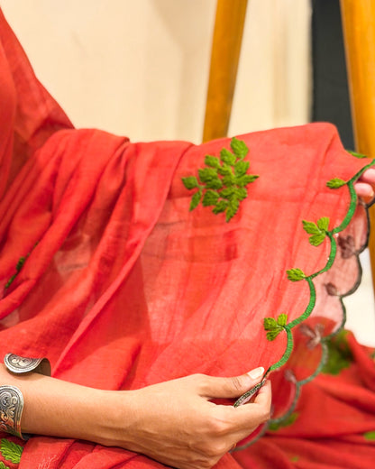 Rust Rooh (Rust Orange Hand Embroidered Mulmul Saree)