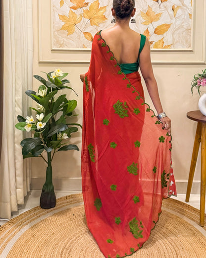 Rust Rooh (Rust Orange Hand Embroidered Mulmul Saree)