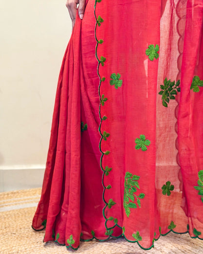 Rust Rooh (Rust Orange Hand Embroidered Mulmul Saree)