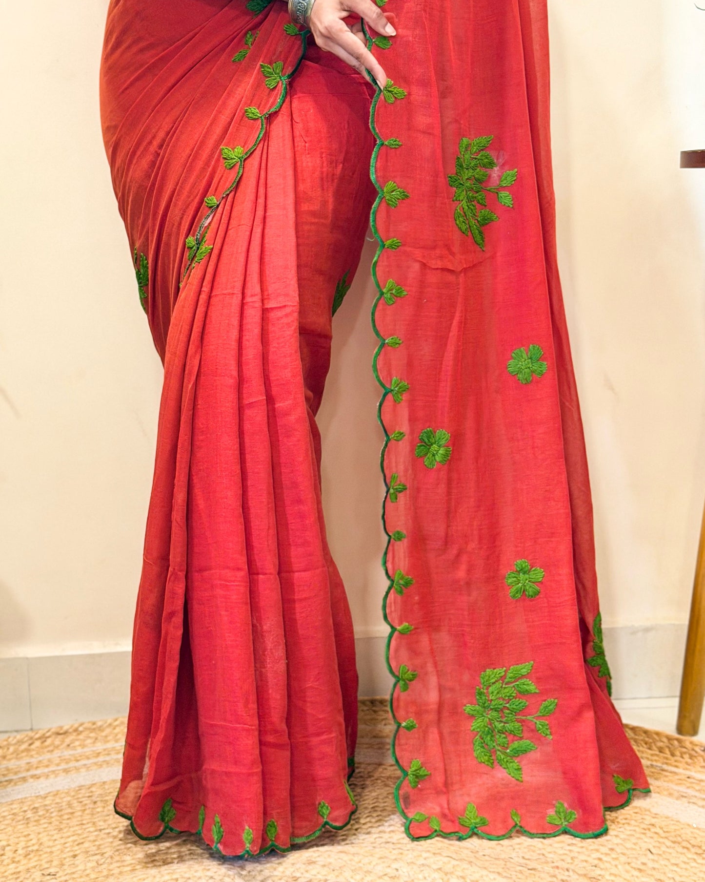 Rust Rooh (Rust Orange Hand Embroidered Mulmul Saree)