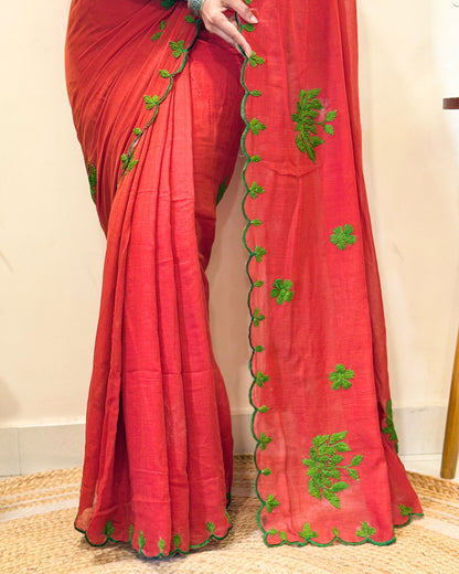 Rust Rooh (Rust Orange Hand Embroidered Mulmul Saree)