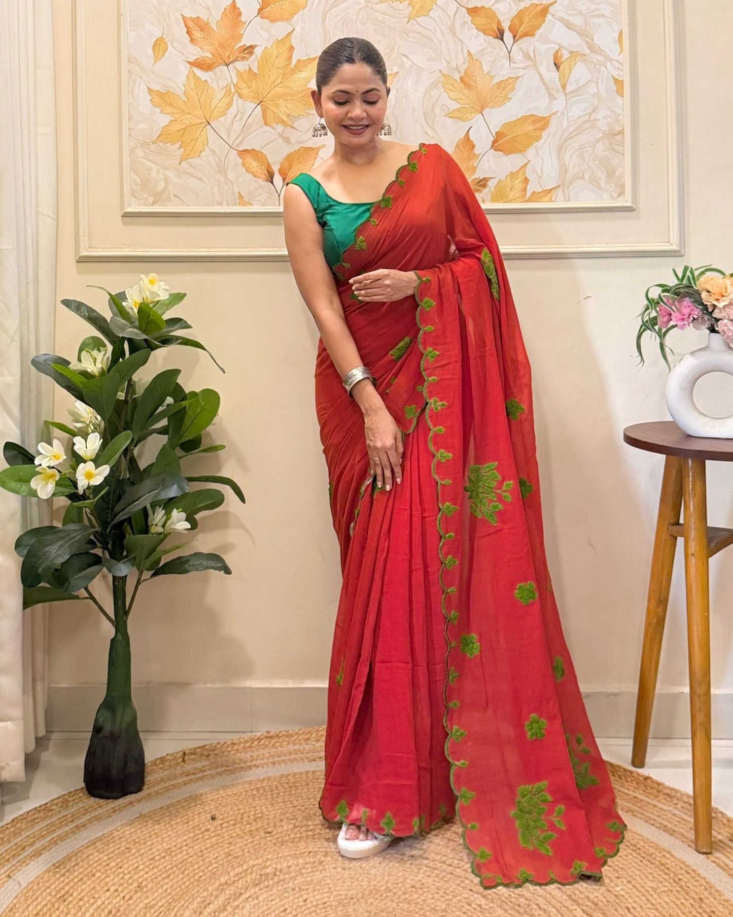 Rust Rooh (Rust Orange Hand Embroidered Mulmul Saree)
