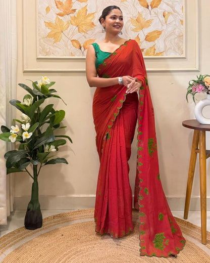 Rust Rooh (Rust Orange Hand Embroidered Mulmul Saree)