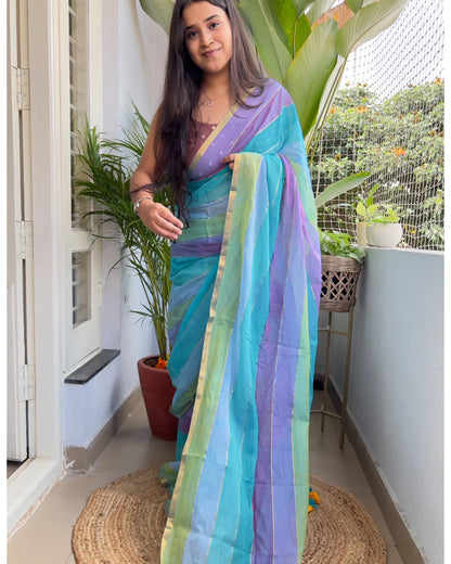 Multicolor mulmul festive silver border soft cotton saree