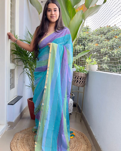 Multicolor mulmul festive silver border soft cotton saree