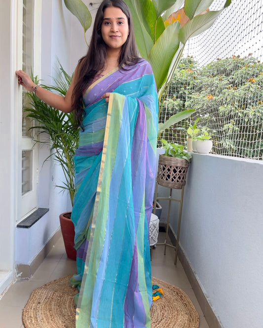 Multicolor mulmul festive silver border soft cotton saree