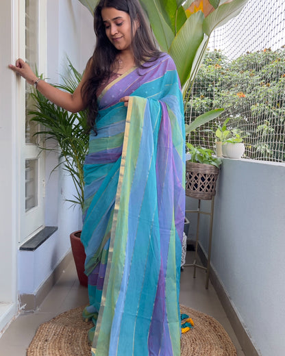 Multicolor mulmul festive silver border soft cotton saree