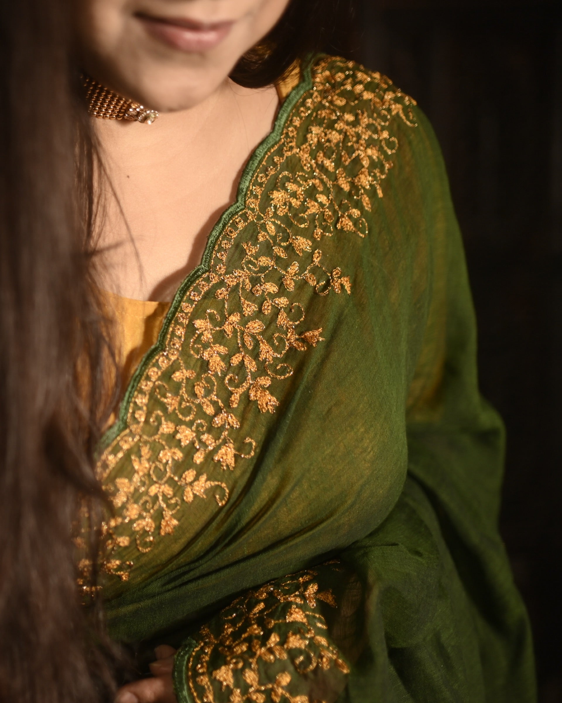 Soft and comfortable live green zari embroidered mulmul cotton saree