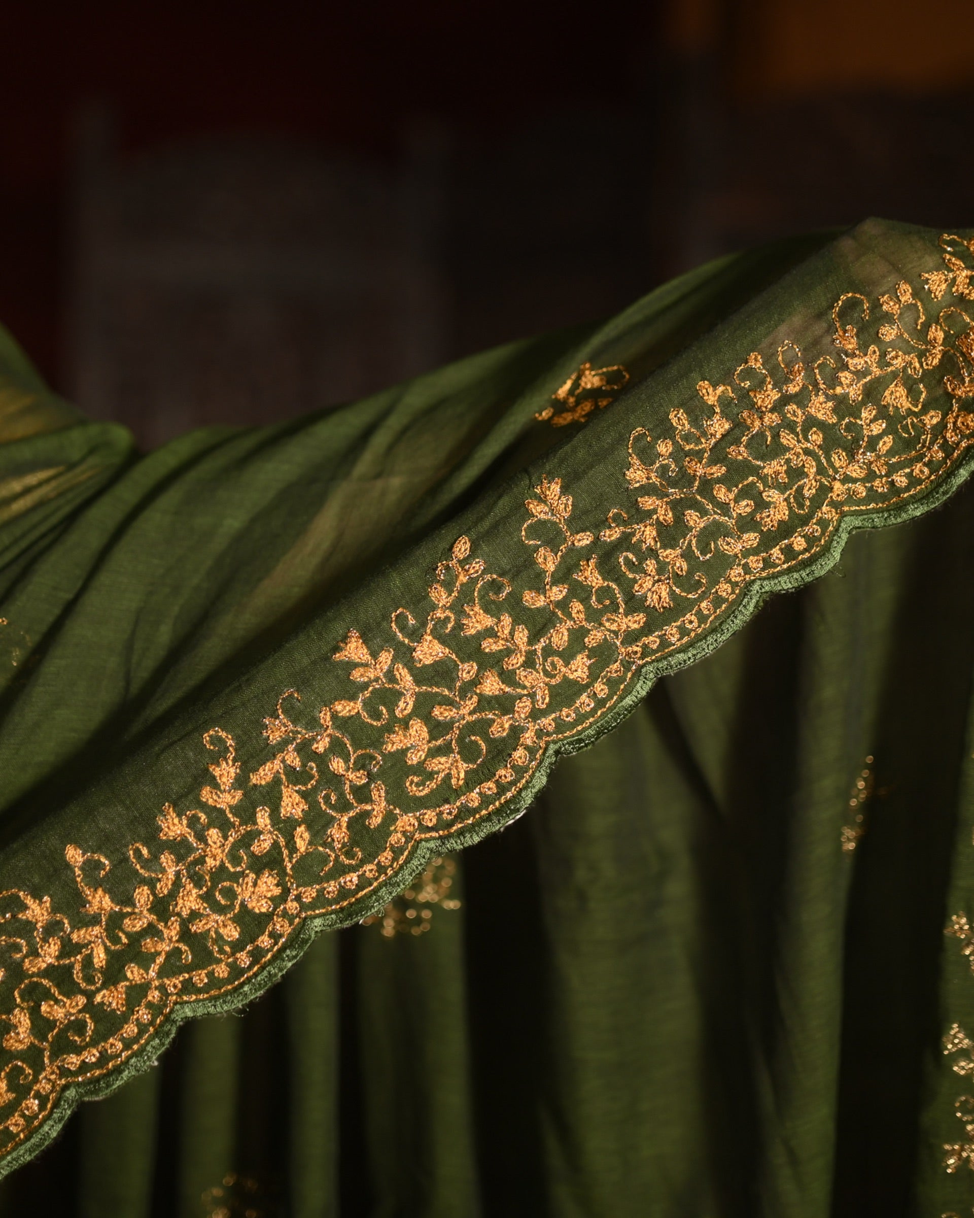 Soft and comfortable live green zari embroidered mulmul cotton saree