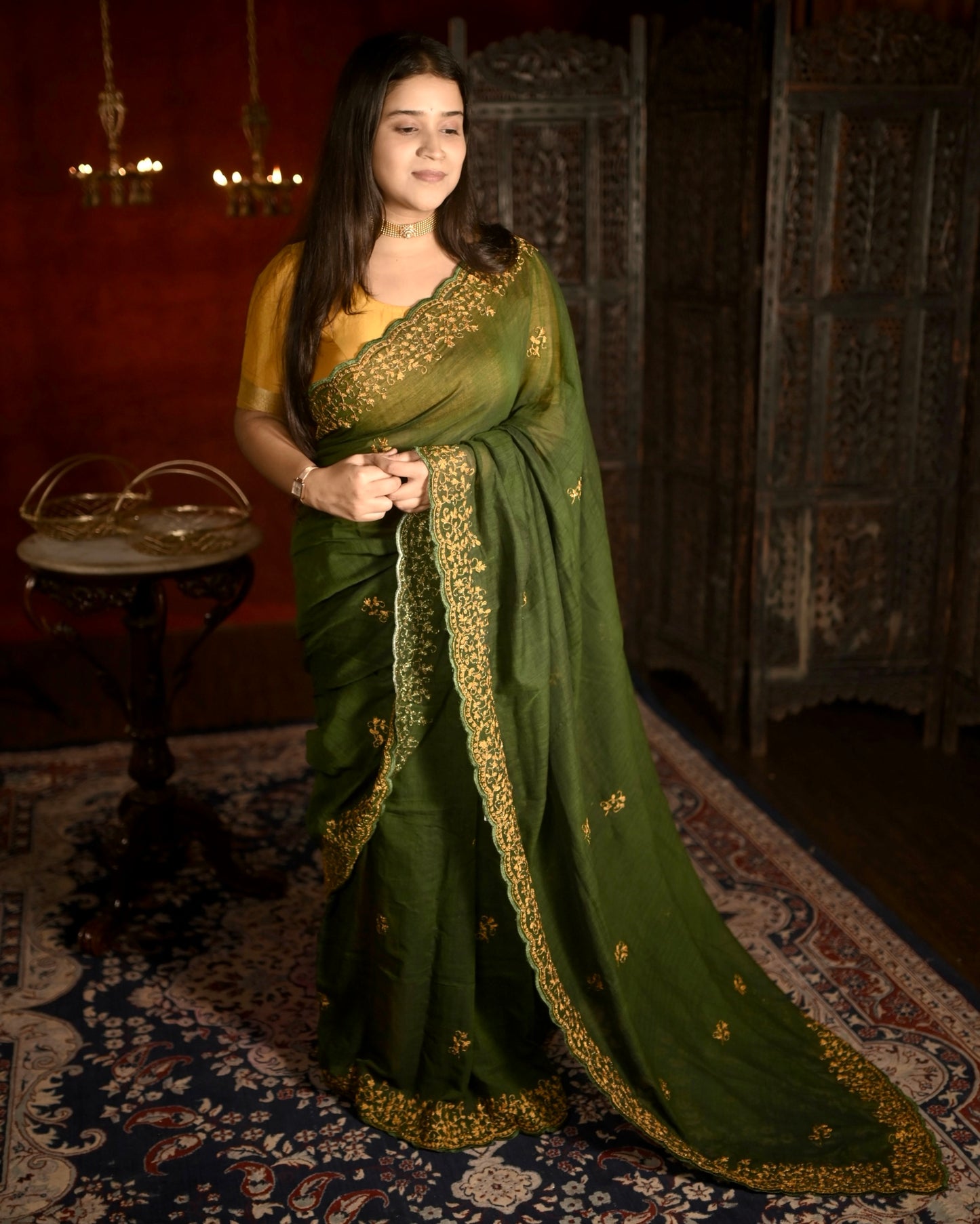 Soft and comfortable live green zari embroidered mulmul cotton saree