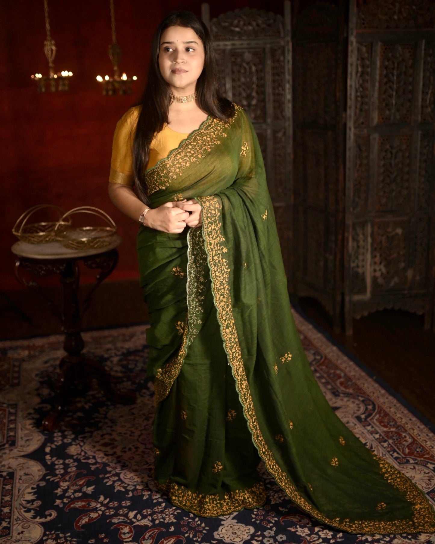 Soft and comfortable live green zari embroidered mulmul cotton saree