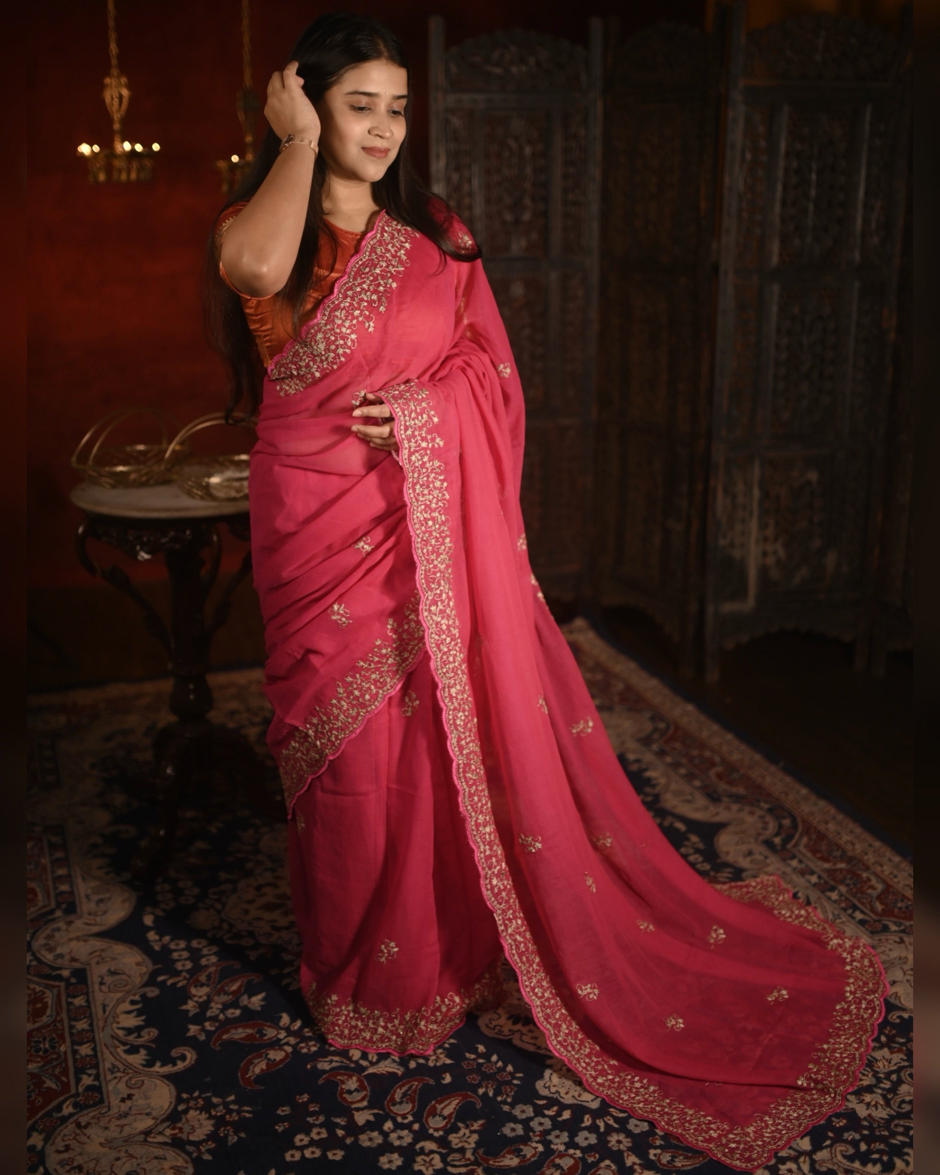 Soft and Comfortable fuchsia pink  zari embroidered mulmul cotton saree