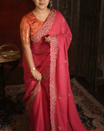 Soft and Comfortable fuchsia pink  zari embroidered mulmul cotton saree