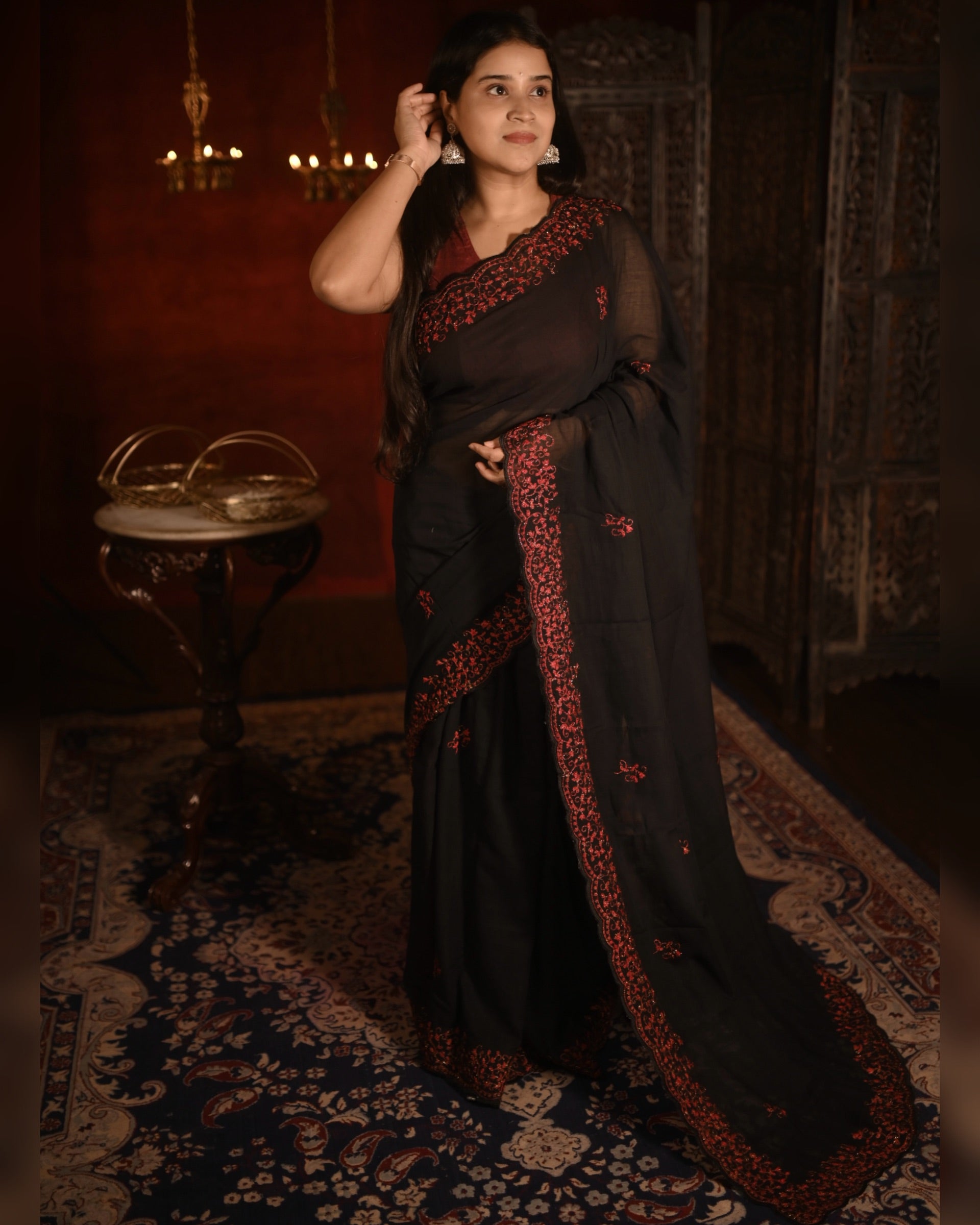 Soft and Comfortable Black zari embroidered mulmul cotton saree