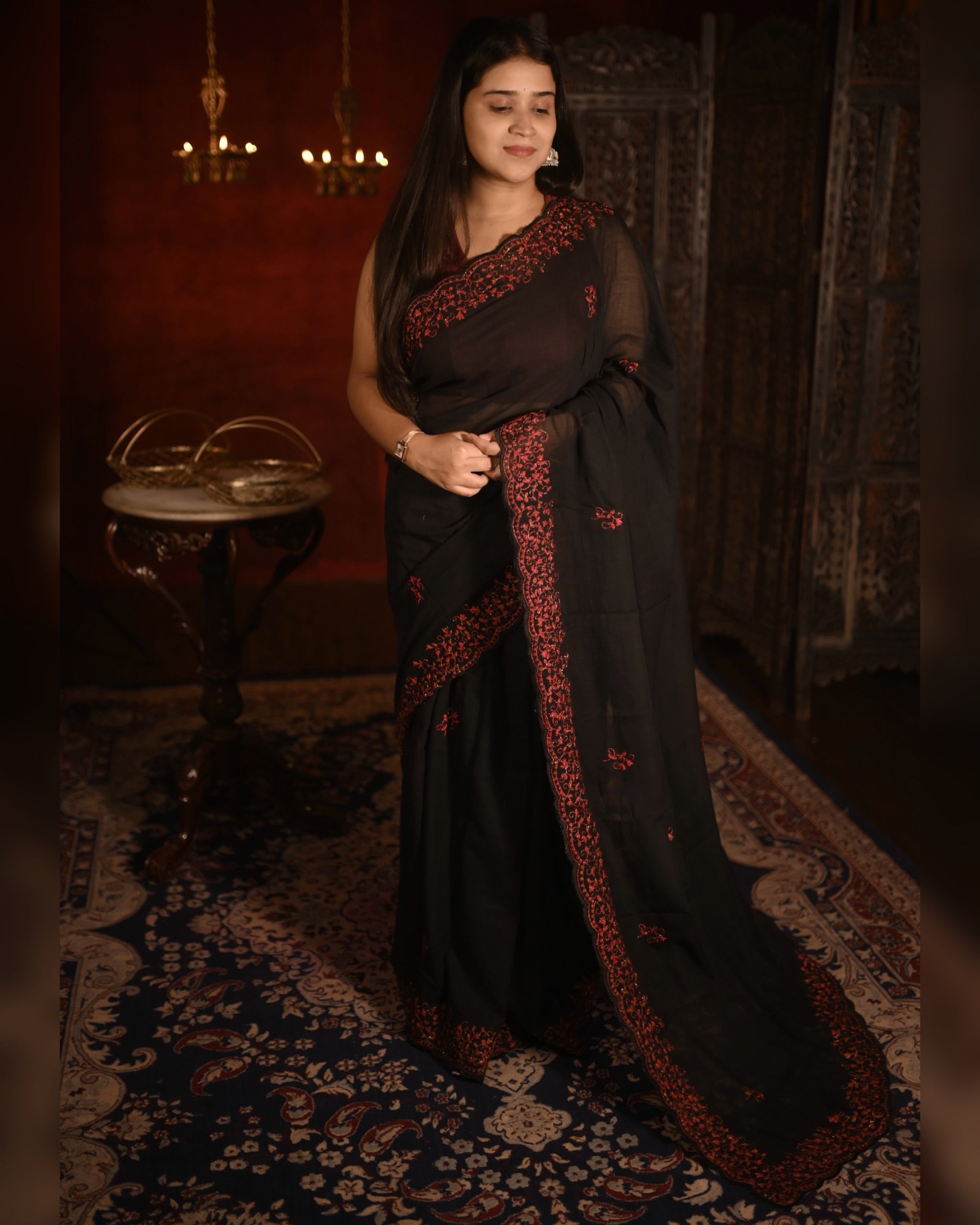 Soft and Comfortable Black zari embroidered mulmul cotton saree