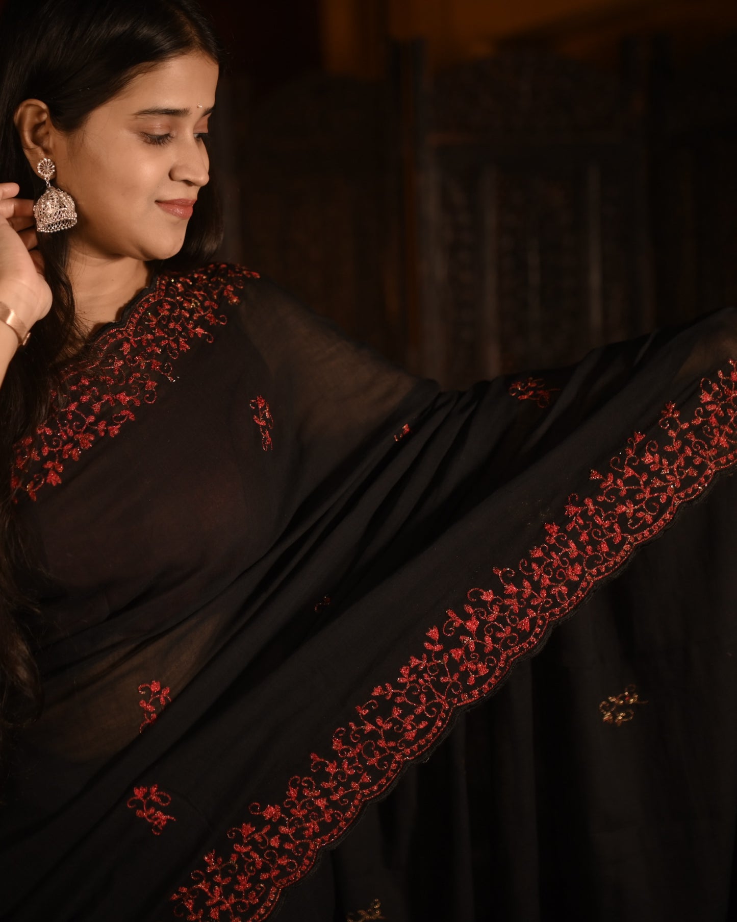 Soft and Comfortable Black zari embroidered mulmul cotton saree