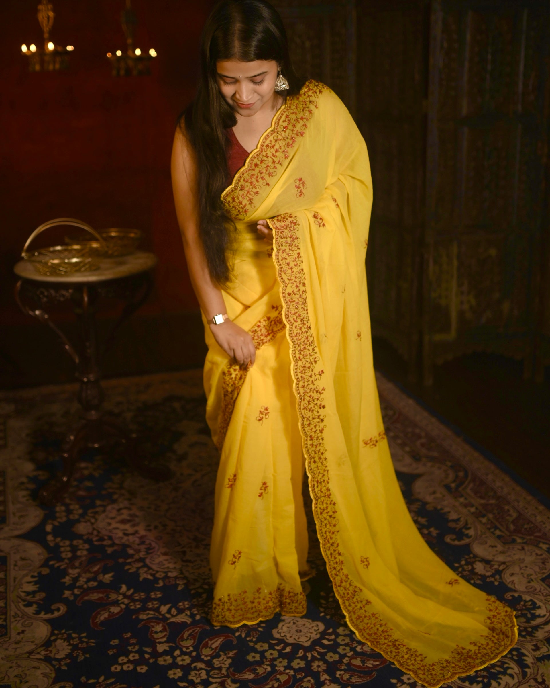 Soft and Comfortable yellow zari embroidered mulmul cotton saree