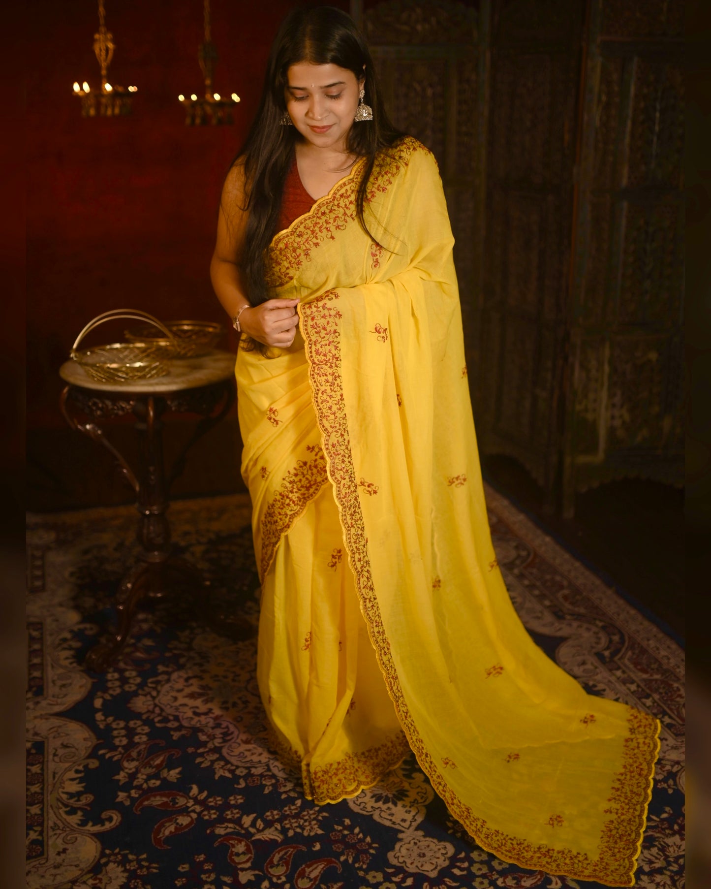 Soft and Comfortable yellow zari embroidered mulmul cotton saree