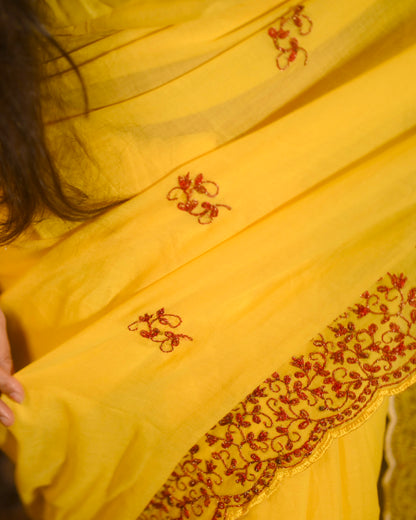 Soft and Comfortable yellow zari embroidered mulmul cotton saree