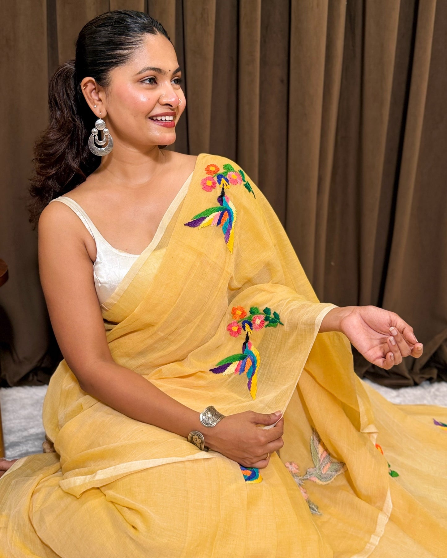 Baali Paakhi | Beige Embroidered Mulmul Cotton Saree