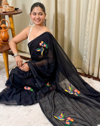 Blackfisher | Black Embroidered Mulmul Cotton Saree