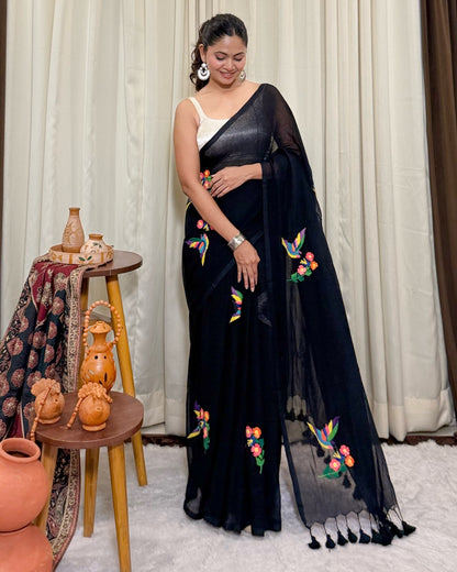 Blackfisher | Black Embroidered Mulmul Cotton Saree