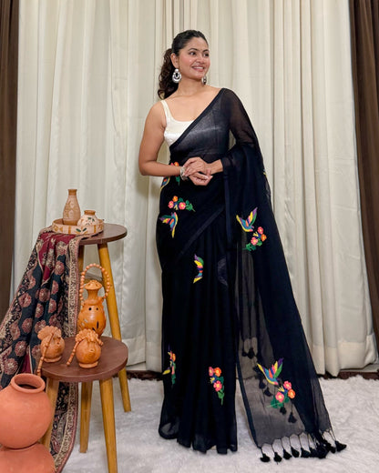 Blackfisher | Black Embroidered Mulmul Cotton Saree