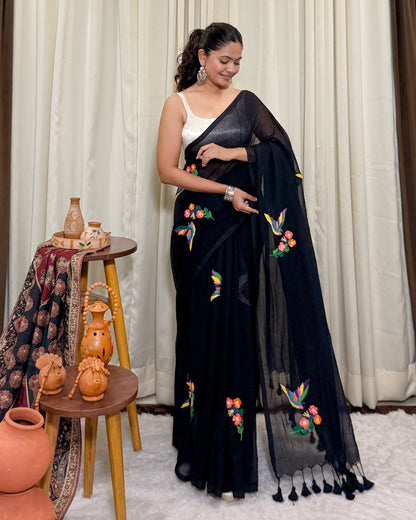 Blackfisher | Black Embroidered Mulmul Cotton Saree