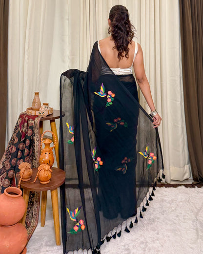 Blackfisher | Black Embroidered Mulmul Cotton Saree