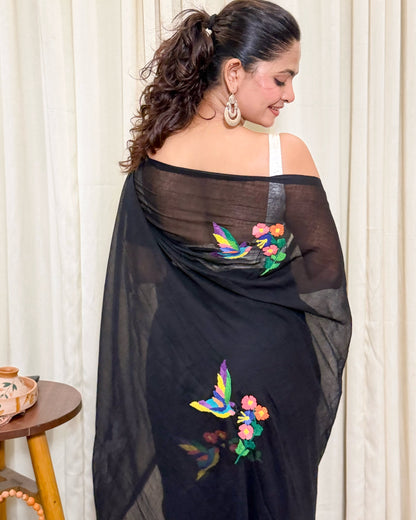 Blackfisher | Black Embroidered Mulmul Cotton Saree