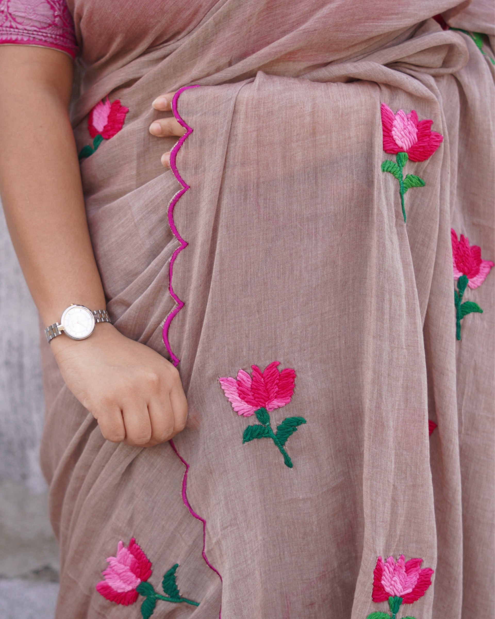 Soft and comfortable light weight beige brown taupe  mulmul cotton saree with lotus hand embroidery good for day time wear