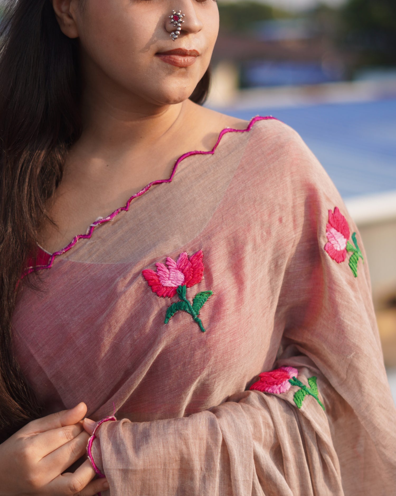 Mud Lotus embroidered mulmul cotton saree, a lightweight breathable saree for summer wear and everyday elegance.