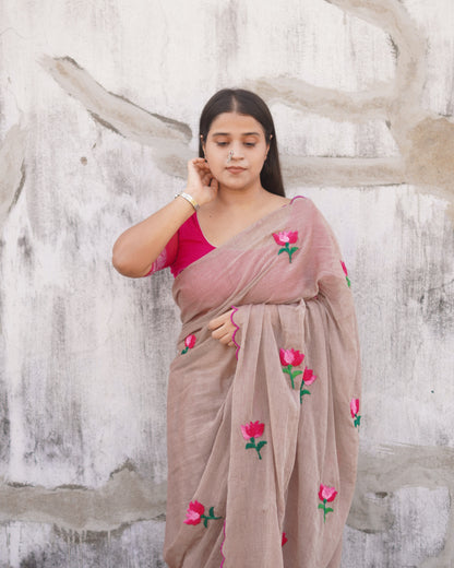 Soft and comfortable light weight beige brown taupe  mulmul cotton saree with lotus hand embroidery good for day time wear