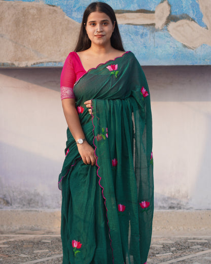 Soft and comfortable light weight emerald dark green  mulmul cotton saree with lotus hand embroidery good for day time wear