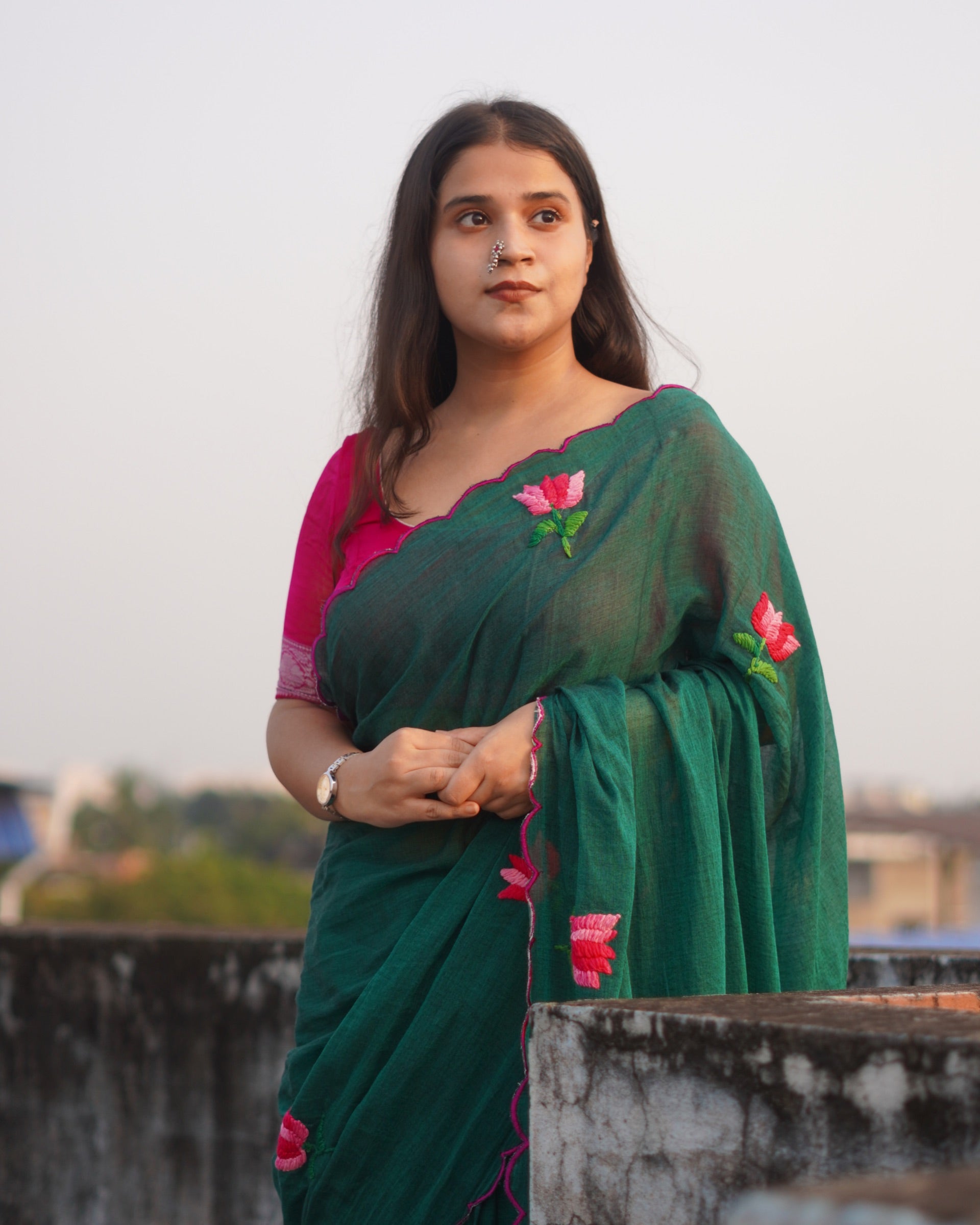 Soft and comfortable light weight emerald dark green  mulmul cotton saree with lotus hand embroidery good for day time wear