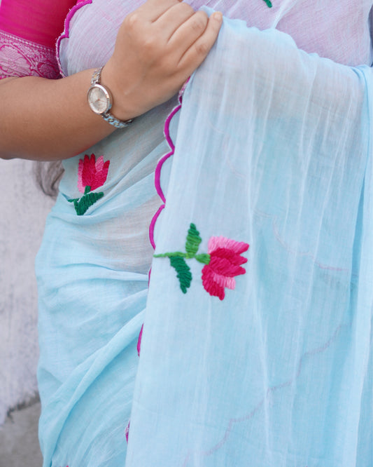 Soft and comfortable light weight sky blue  mulmul cotton saree with lotus hand embroidery good for day time wear