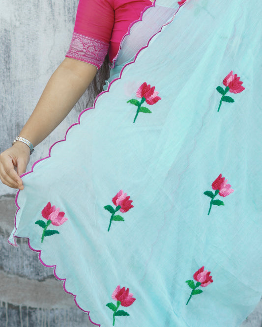 Soft and comfortable light weight sea green mulmul cotton saree with lotus hand embroidery good for day time wear