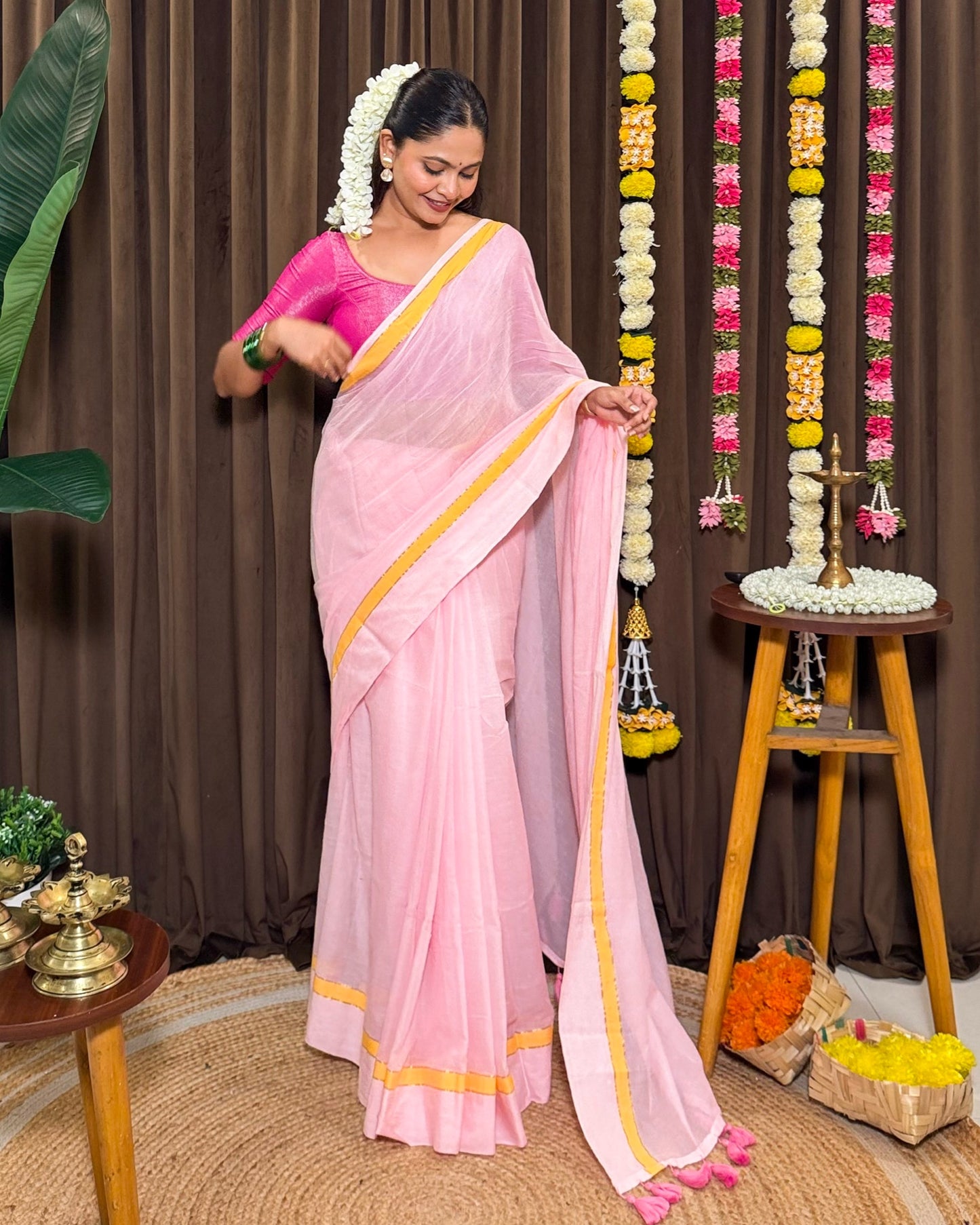 Madhura Shaili | Onam Pink Mulmul Cotton Saree