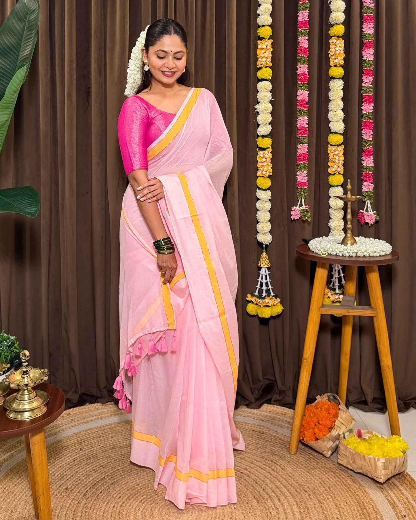 Madhura Shaili | Onam Pink Mulmul Cotton Saree