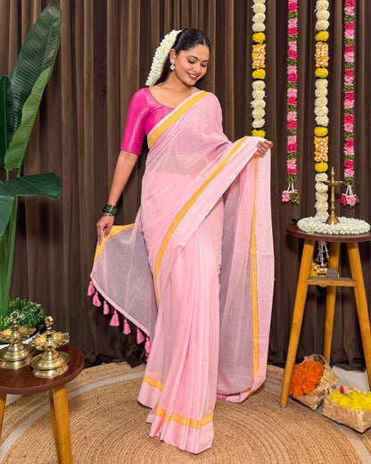 Madhura Shaili | Onam Pink Mulmul Cotton Saree