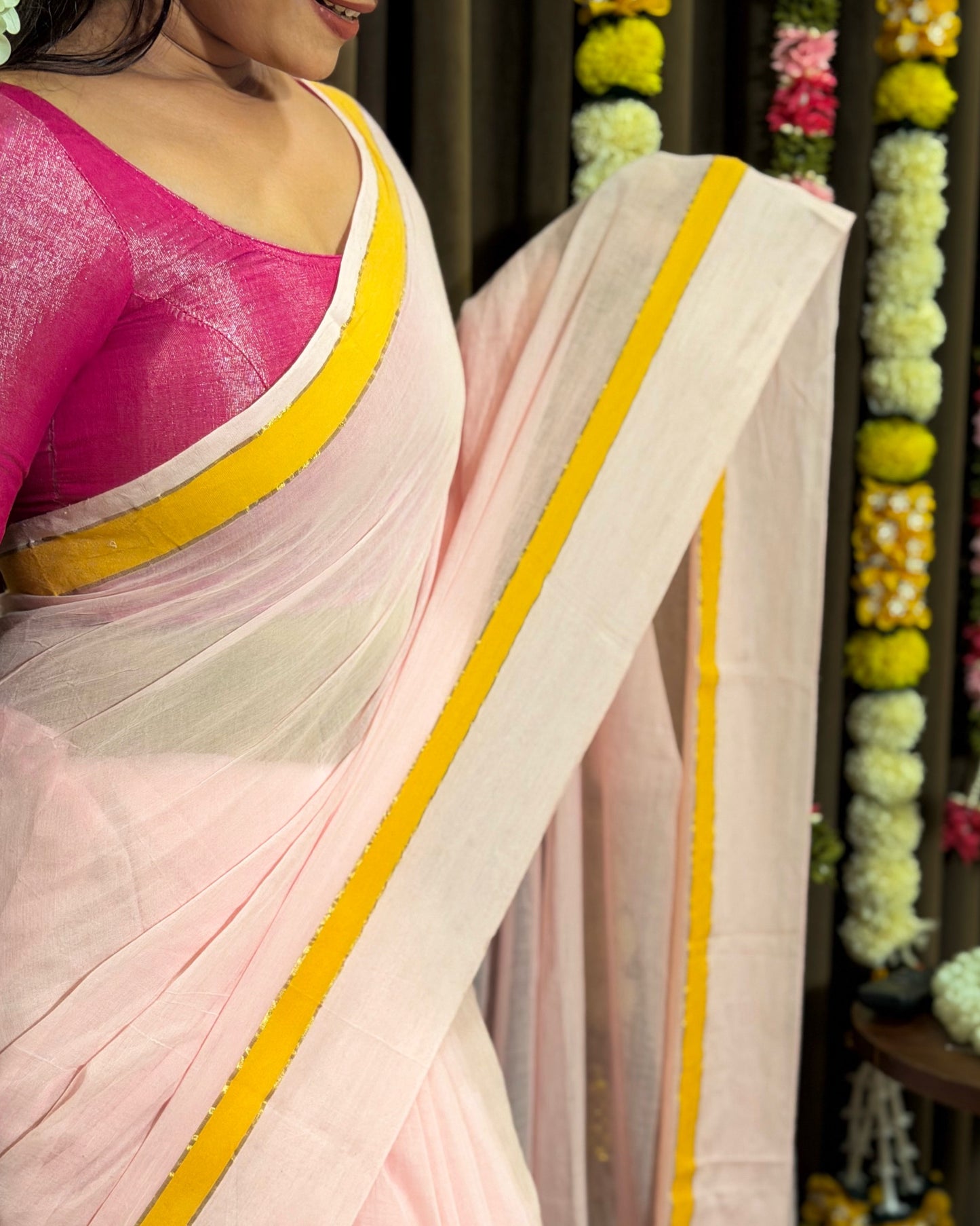 Madhura Shaili | Onam Pink Mulmul Cotton Saree