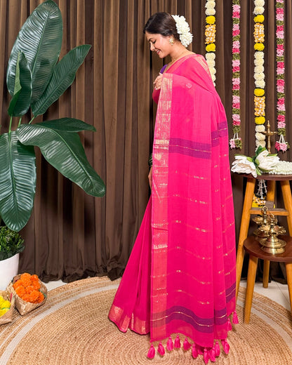 Mayura Pookalam | Onam Pink Mulmul Cotton Saree