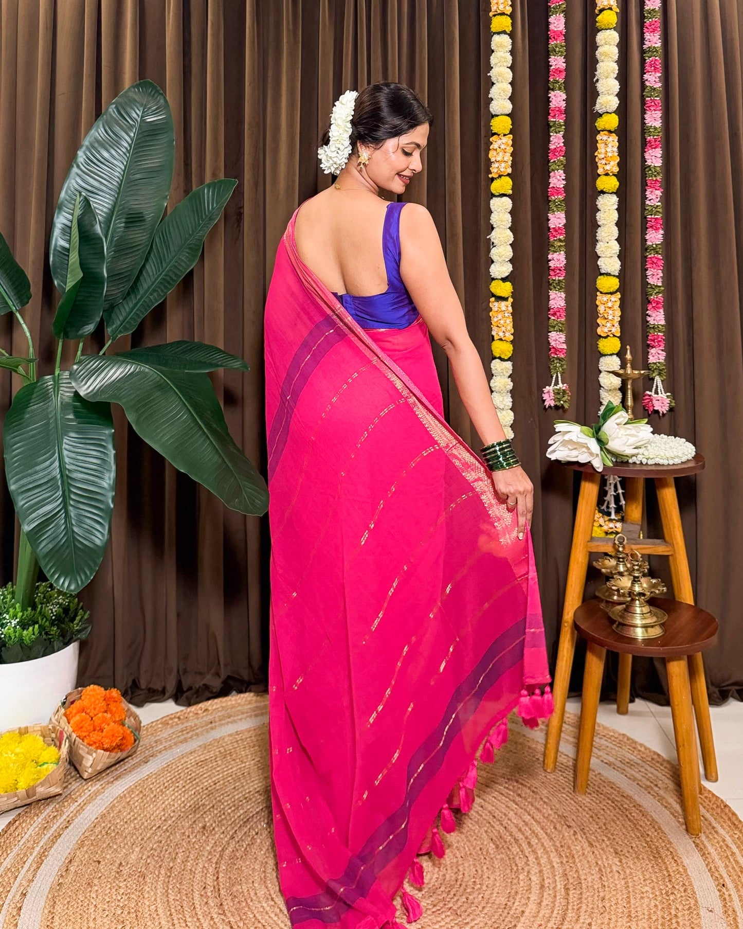 Mayura Pookalam | Onam Pink Mulmul Cotton Saree