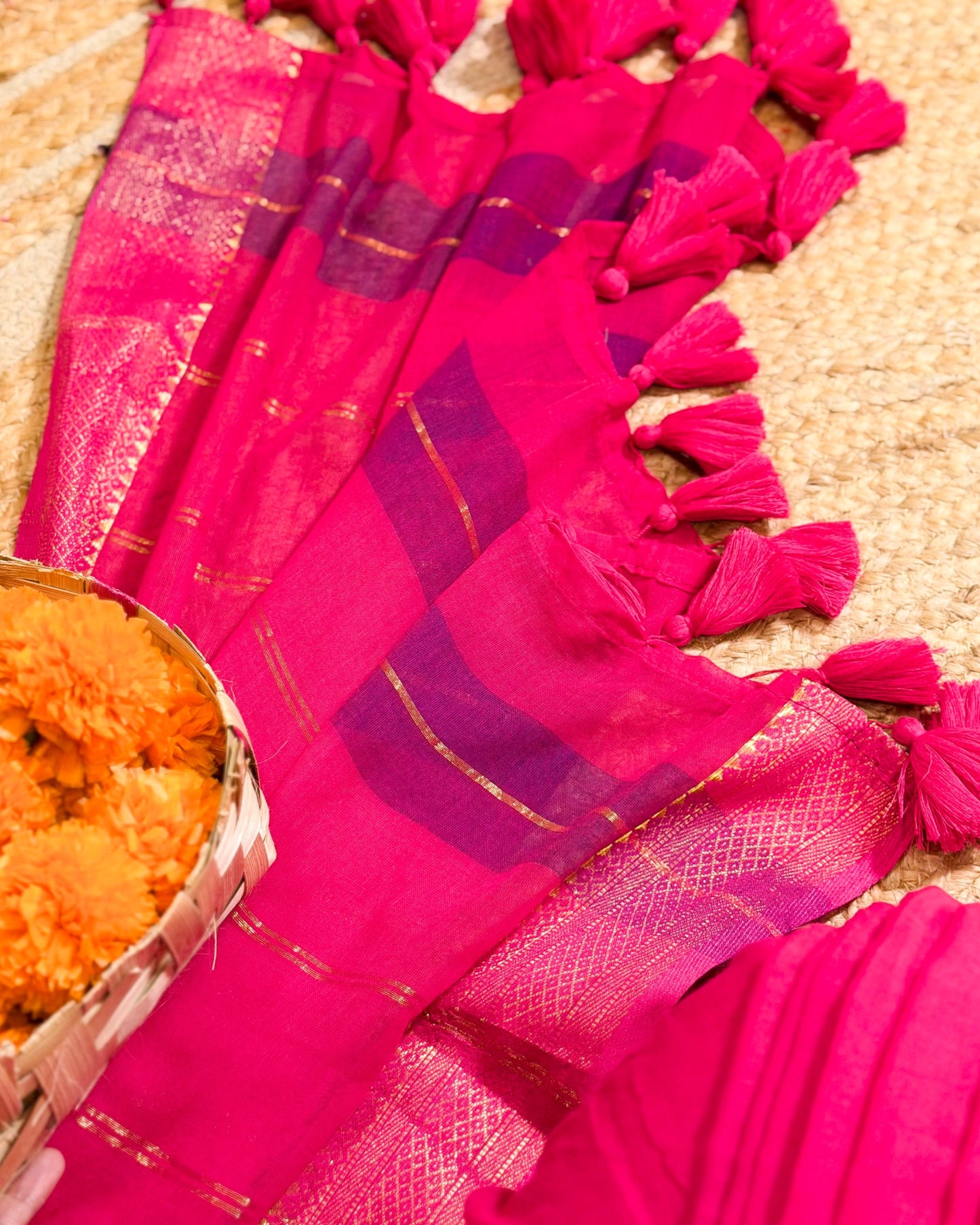 Mayura Pookalam | Onam Pink Mulmul Cotton Saree